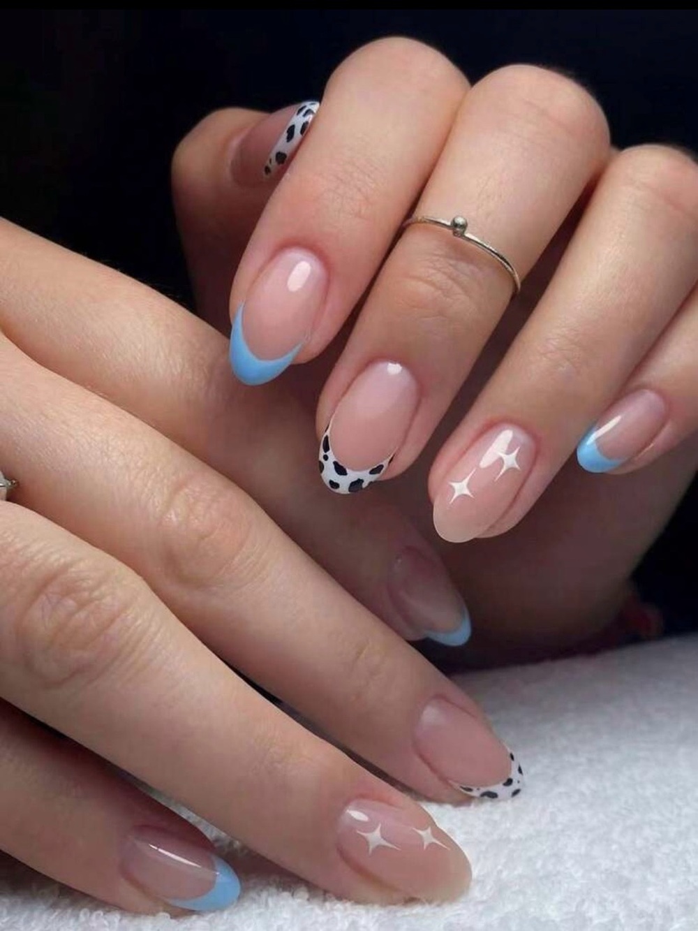 Blue French Tip & Cow Print Accent Nail Design